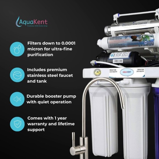 Aqua Kent High Capacity Under Sink 6-Stage Reverse Osmosis Drinking Water Filtration System with UV Sterilizer , Pump And SS Faucet 